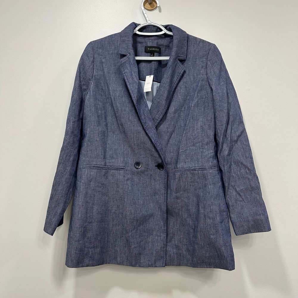 Talbots Womens Blazer Jacket 8 Chambray Blue Career Double Breasted Linen Cotton